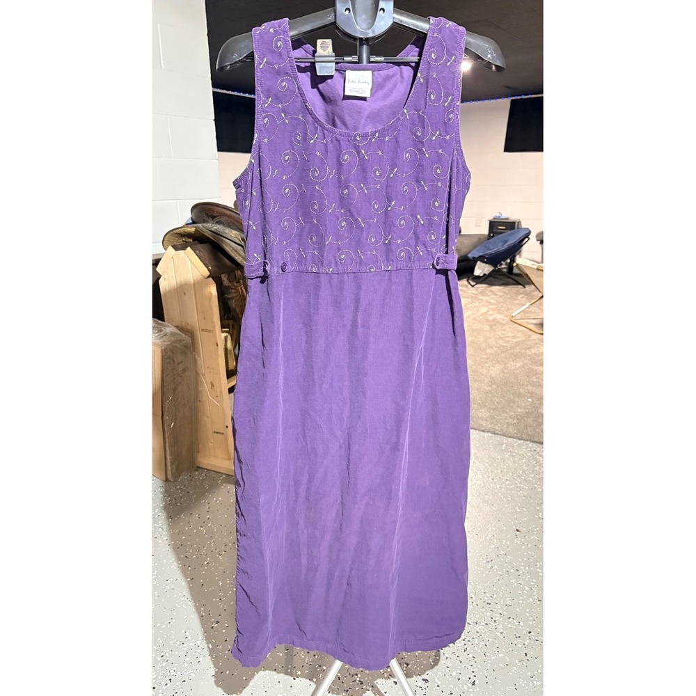 Bobbie Brooks Vintage Purple Corduroy Embroidered Midi Dress Womens Large 12/14